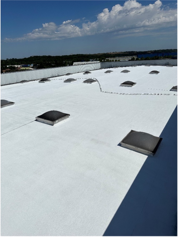 Toit d'un bâtiment de l'industrie pharmaceutique et cosmétiques, avec revêtement réflectif Cool Roof France. 