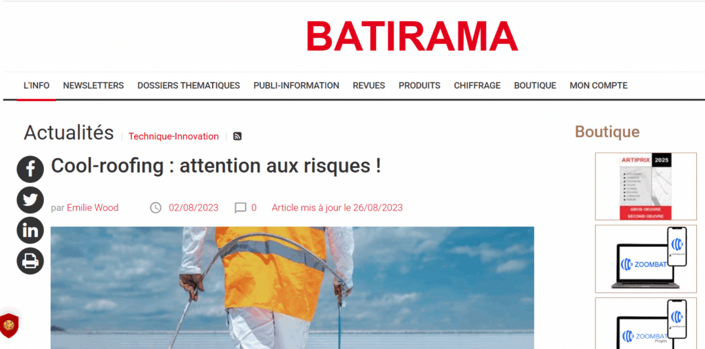 Capture d'écran de l'article de Batirama sur les risques du cool roofing